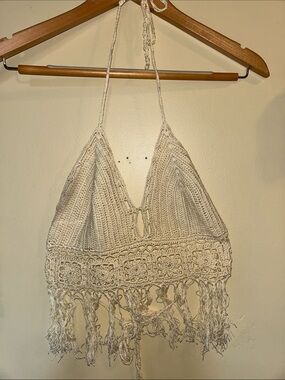 Crochet Halter Crop Top with Fringe - Cream